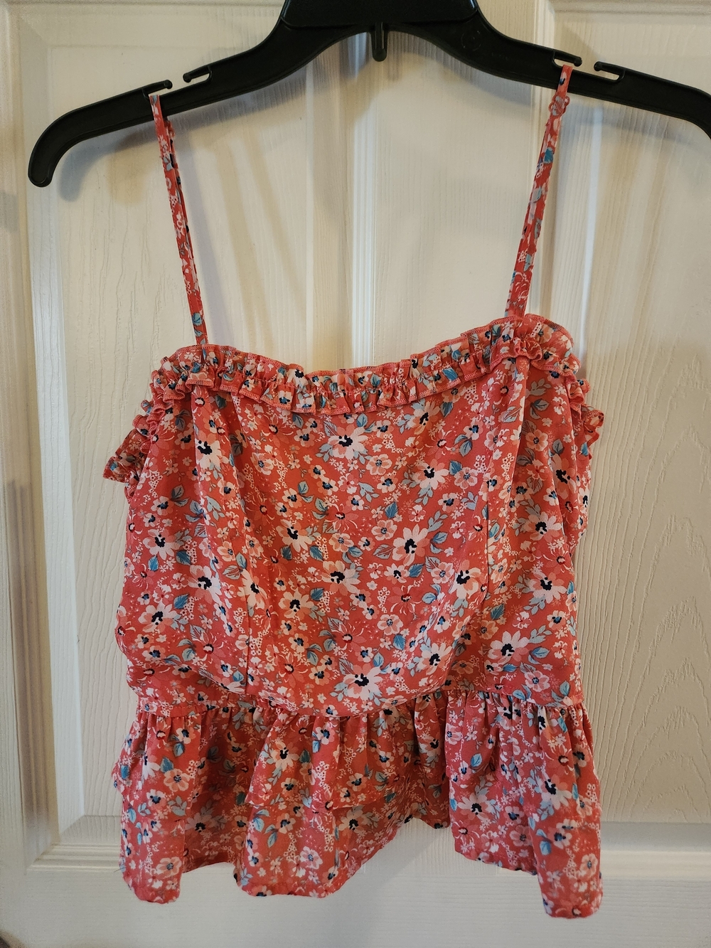 Trixxi Floral Romantic Ruffle Spaghetti-Strap Top - Coral, Size Medium